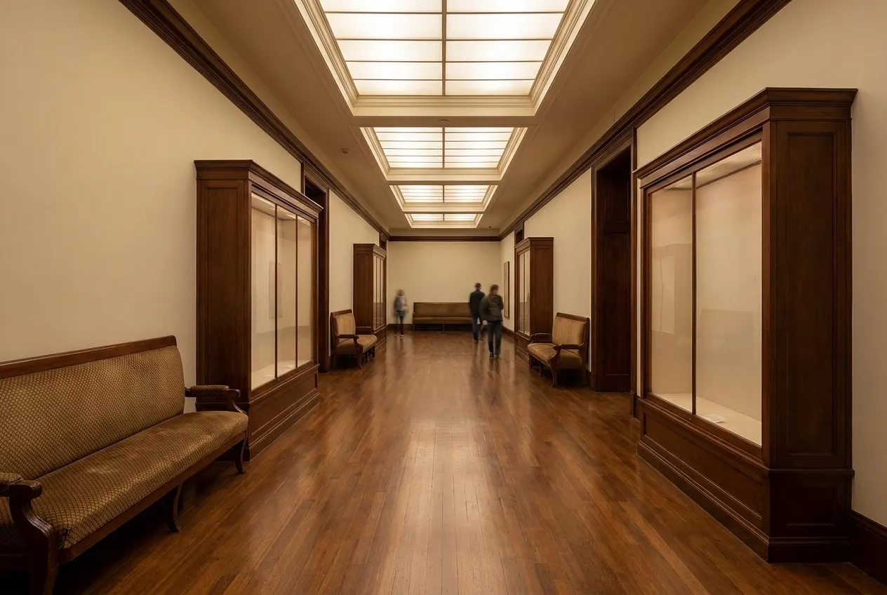 A quiet museum corridor with benches and diffused overhead light