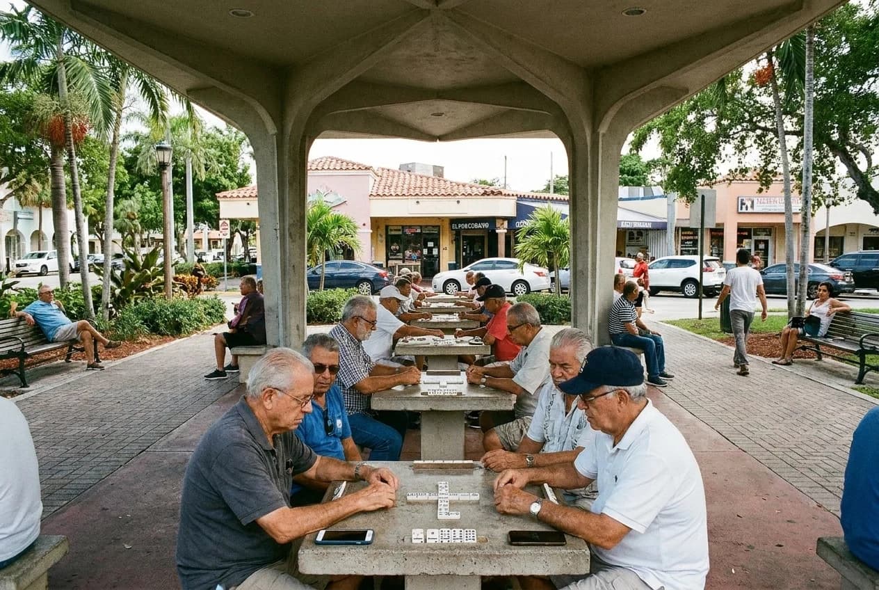 Domino players at shaded tables in Máximo Gómez Park, Little Havana, viewed from sidewalk