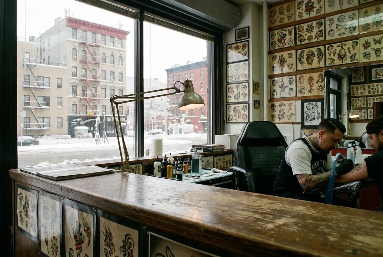 Tattoo studio counter with flash sheets on wall and client chair beyond