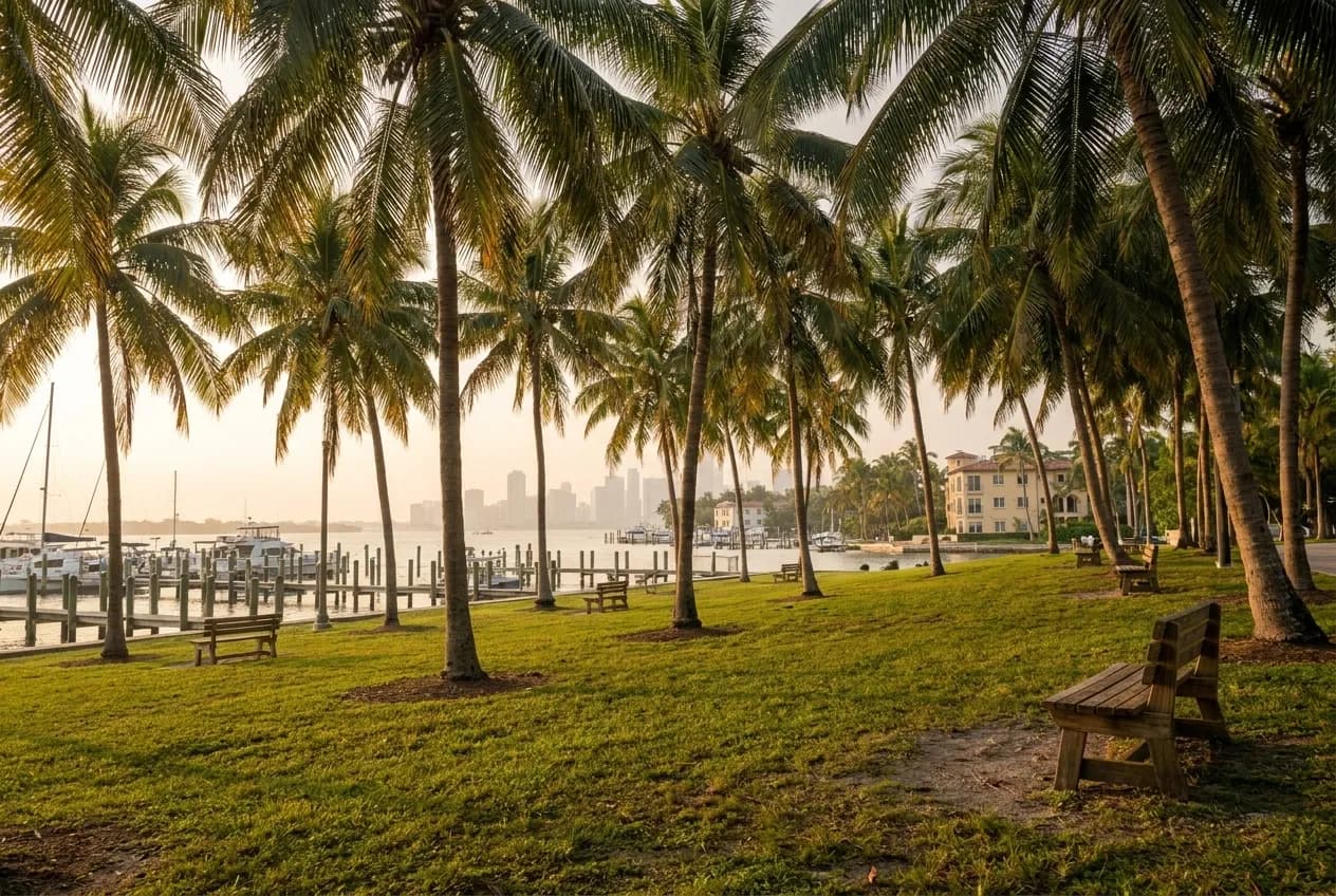 A broad grass field sloping toward Biscayne Bay marina with palm trees edging the lawn, sailboat masts visible beyond, late-afternoon light casting long shadows across the open park space.