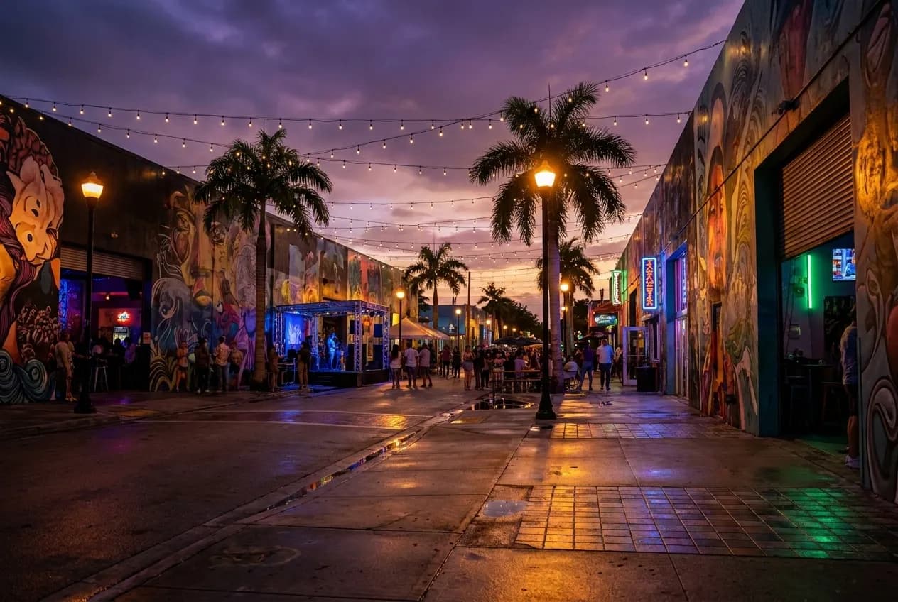 String lights and painted murals glow along a Wynwood street at dusk, with warehouse façades and tropical foliage framing the sidewalk under purple and amber sky.