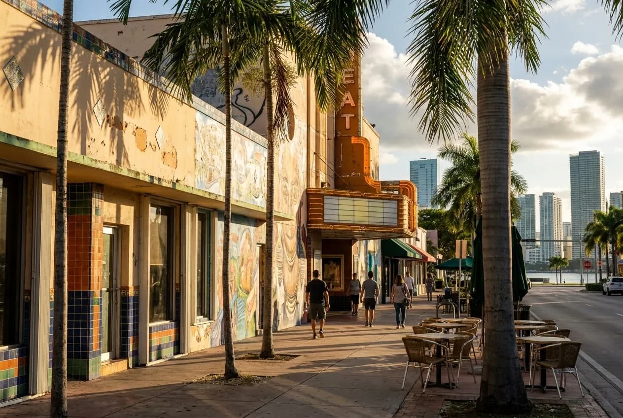 Pastel storefronts and mural-covered walls along Calle Ocho in Little Havana, with palm shade and pedestrians on the sidewalk