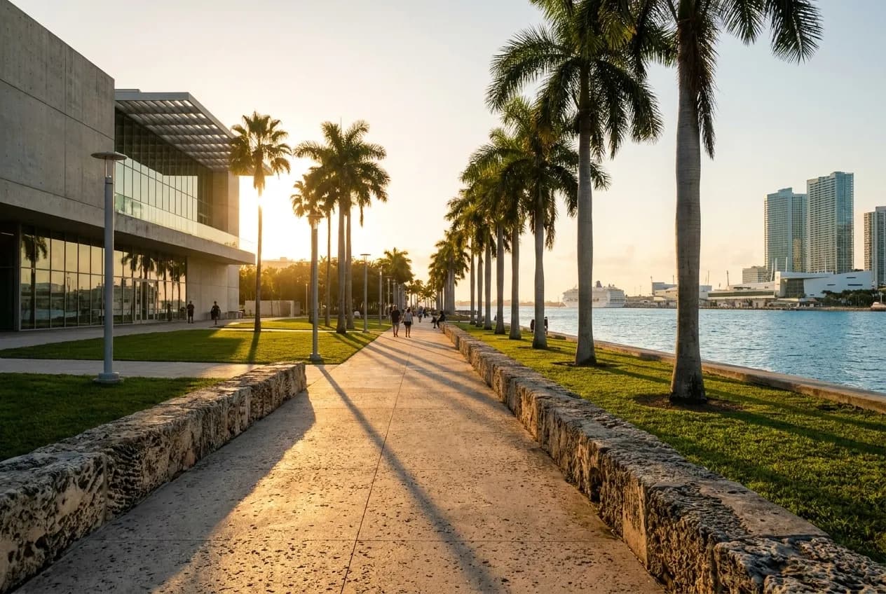 Wide concrete terrace overlooking Biscayne Bay with palm trees, museum glass walls, and downtown Miami skyline under afternoon light