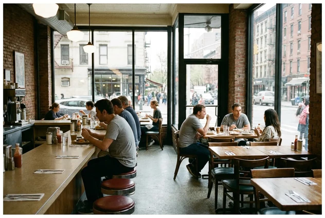 The warm, bustling interior of Veselka diner on Second Avenue, with rows of close tables, counter seats, large front windows and patrons eating pierogies under bright overhead lights.