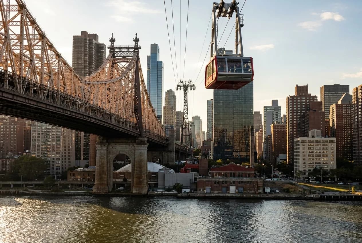 The Roosevelt Island Tramway gliding above the East River alongside the steel lattice of the Queensboro Bridge, with midtown towers rising in the background under late-afternoon light.