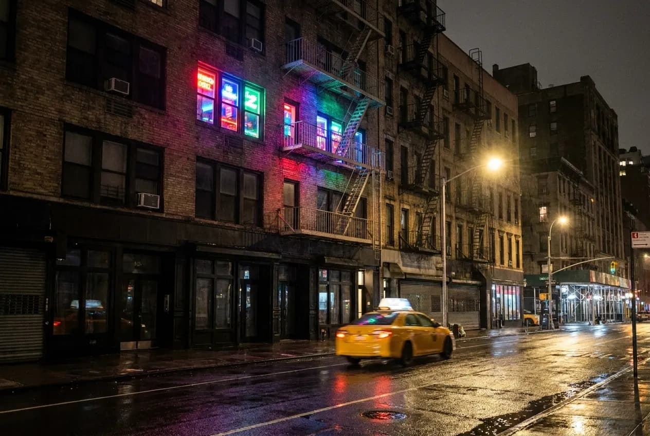 Neon-lit Midtown Manhattan street corner at two in the morning, empty sidewalk under bright signage, taxi headlights streaking past dark storefronts and an illuminated upper-floor window.