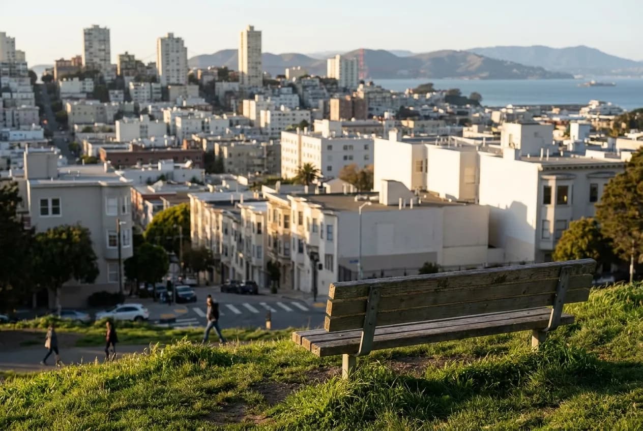 A park bench on a grassy slope overlooking a city skyline