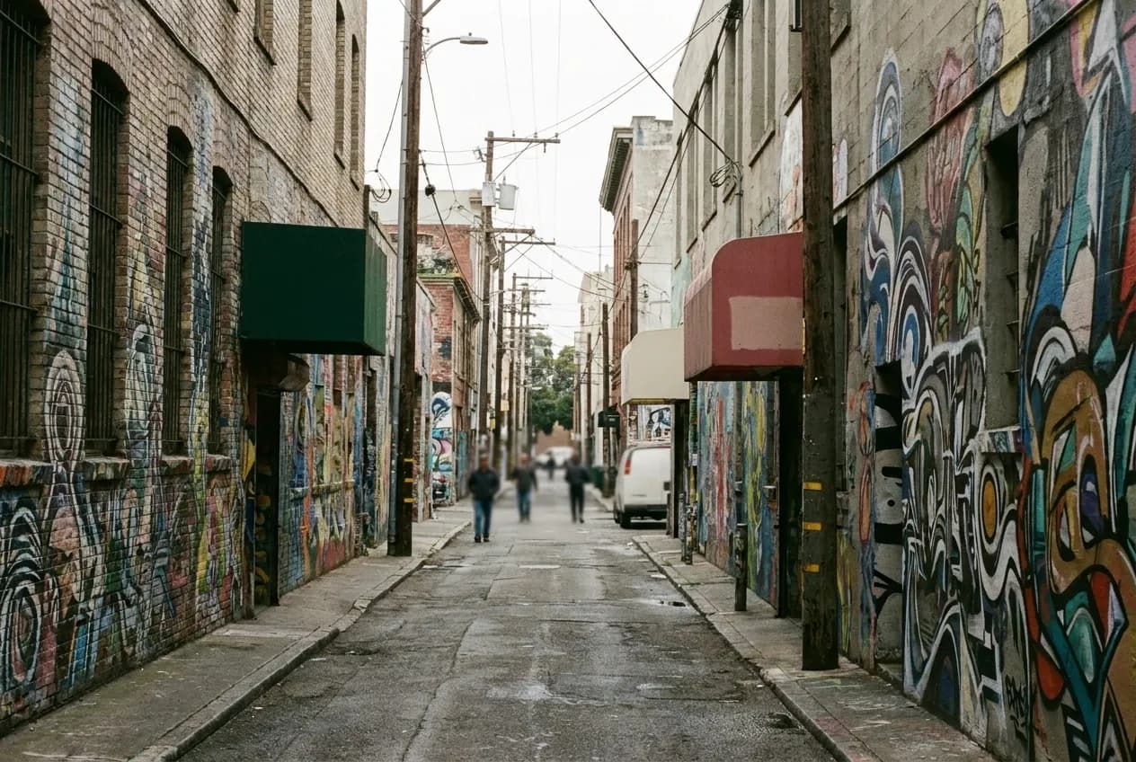 A narrow alley with dense floor-to-ceiling murals covering both walls in San Francisco