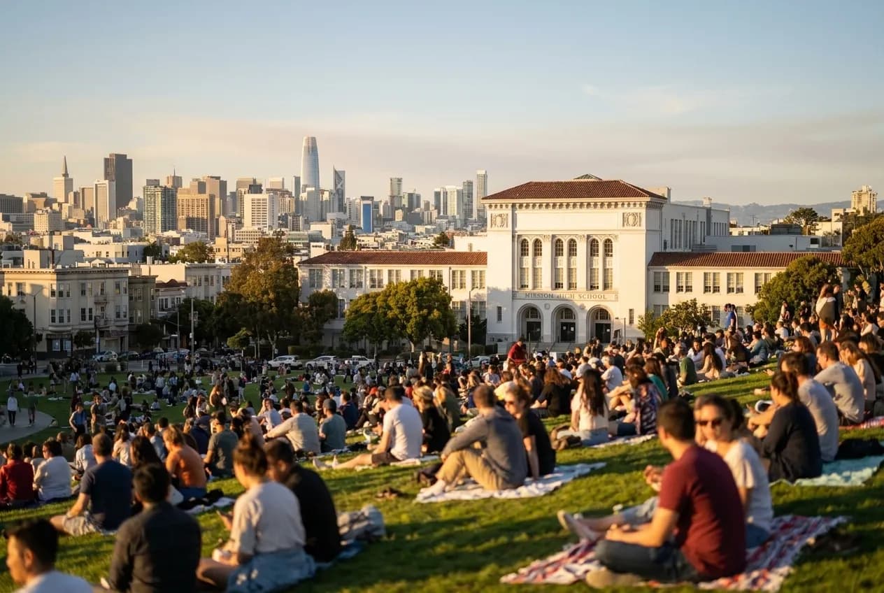 A grassy park slope crowded with people sitting on blankets facing a city skyline