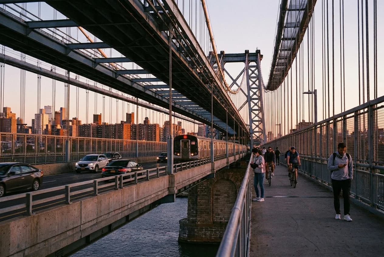 Williamsburg Bridge pedestrian walkway with suspension cables and Manhattan view