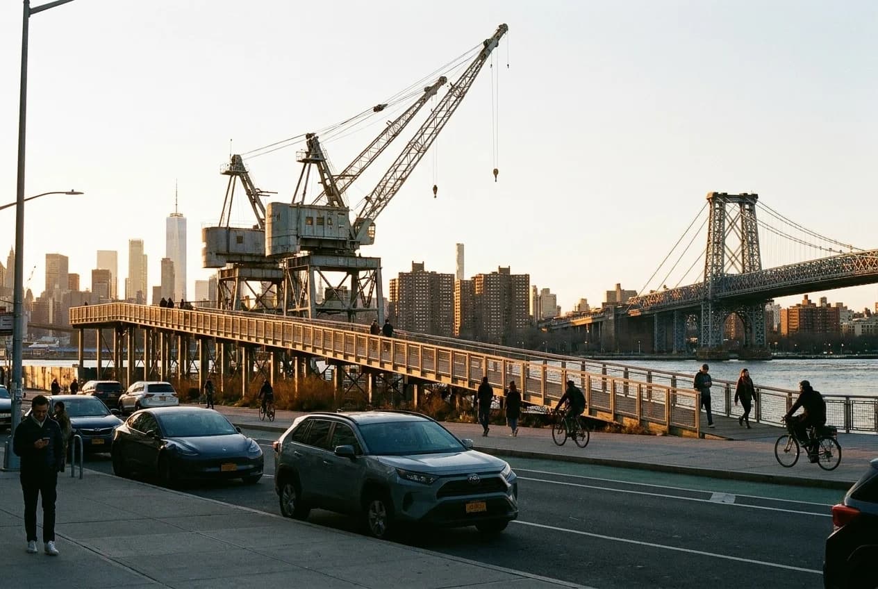 Domino Park elevated walkway with cranes and Manhattan skyline view across East River