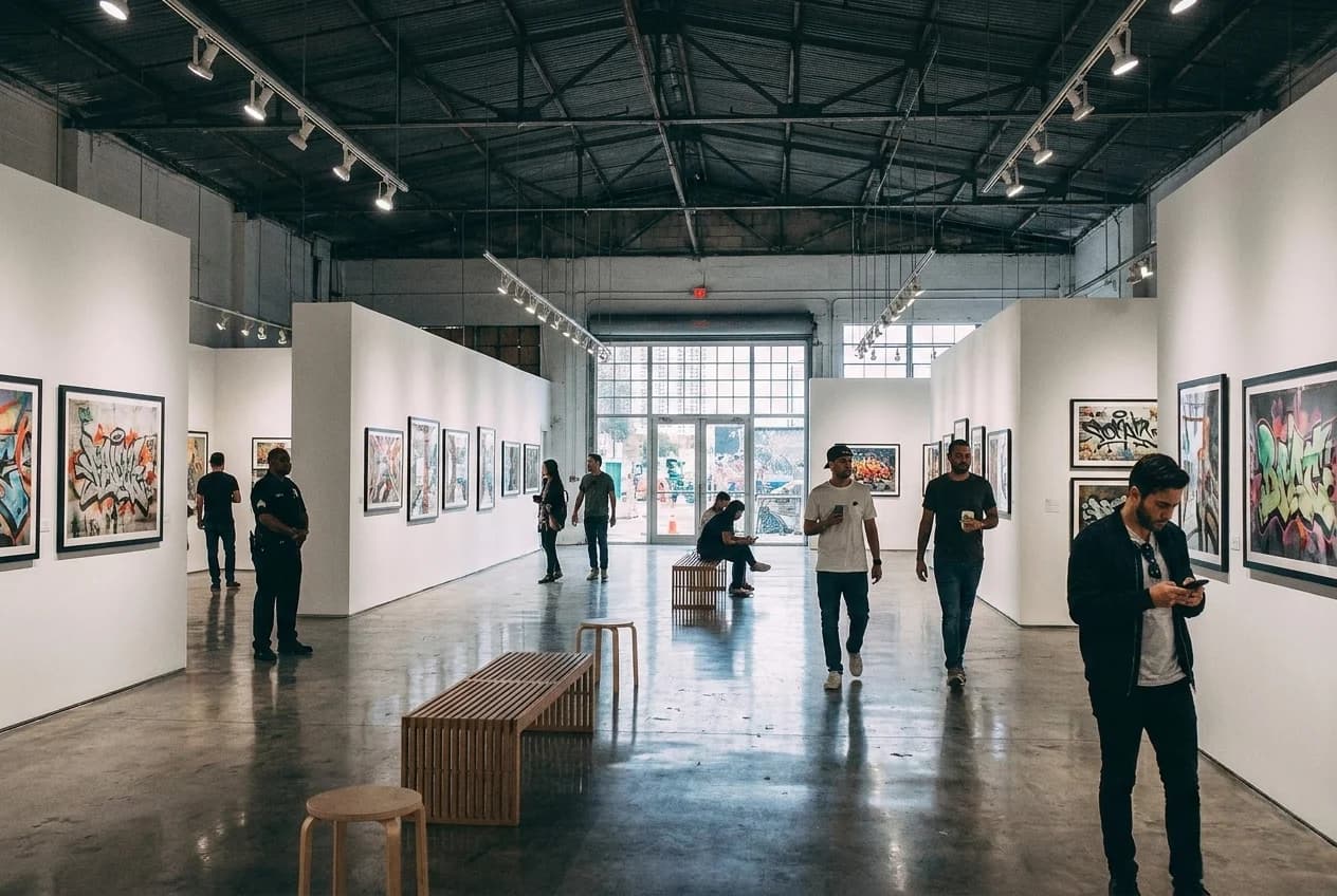 Museum of Graffiti exhibition hall with framed graffiti artworks on white walls under track lighting