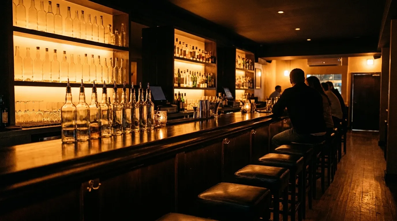 A dimly lit San Francisco bar interior in the evening, a long counter with bottles backlit behind it and a few people seated at the far end