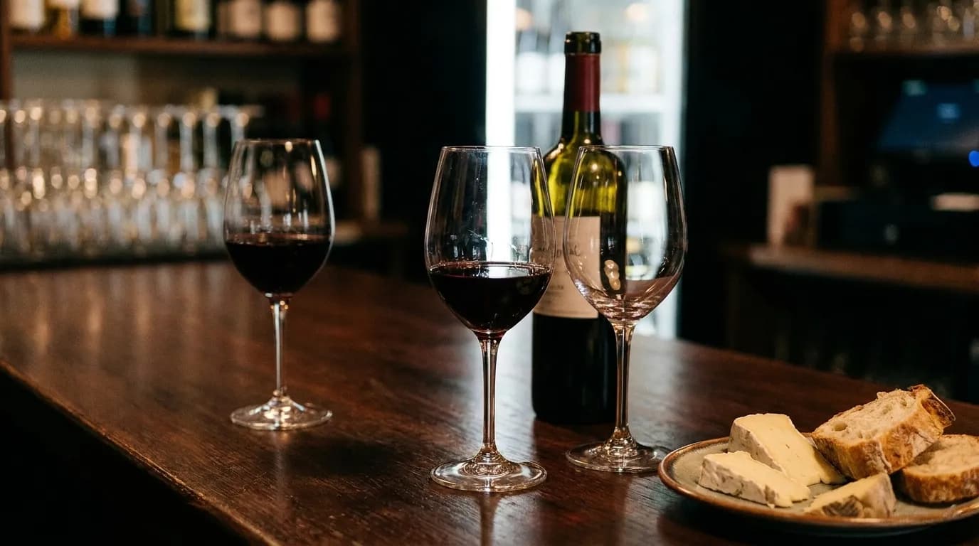 A close view of three wine glasses at different fill levels on a dark wooden bar, an open bottle behind them and a small plate of cheese at the edge of frame