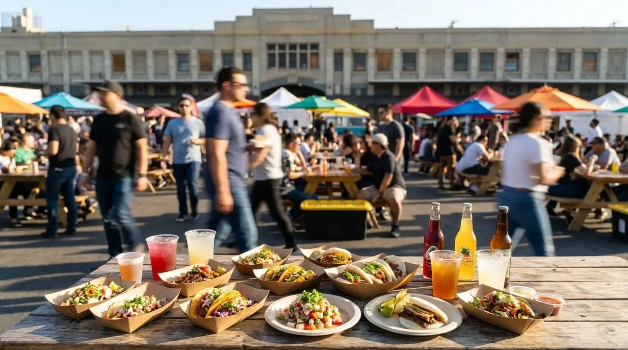 Street food plates and drinks at a busy Los Angeles market table
