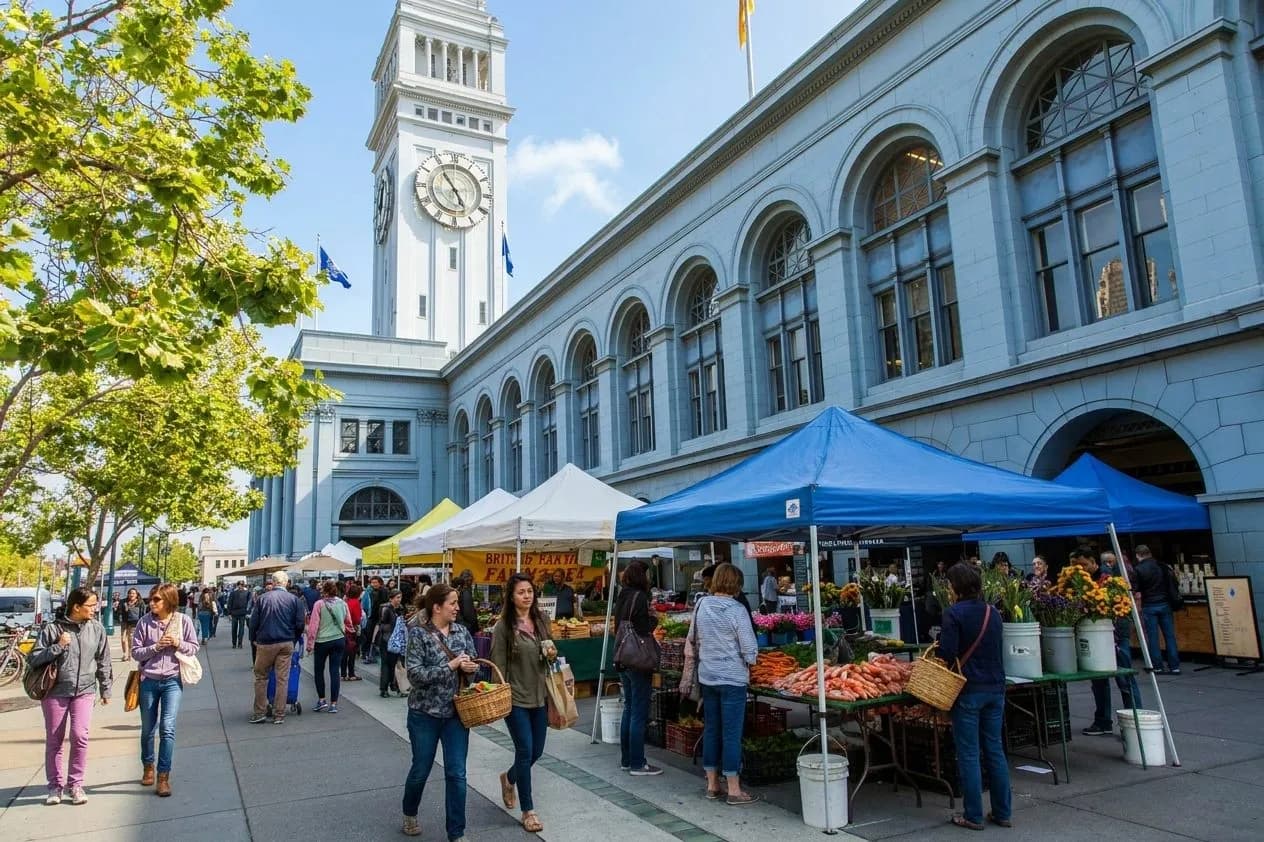 Ferry Building and market stalls on a bright San Francisco morning