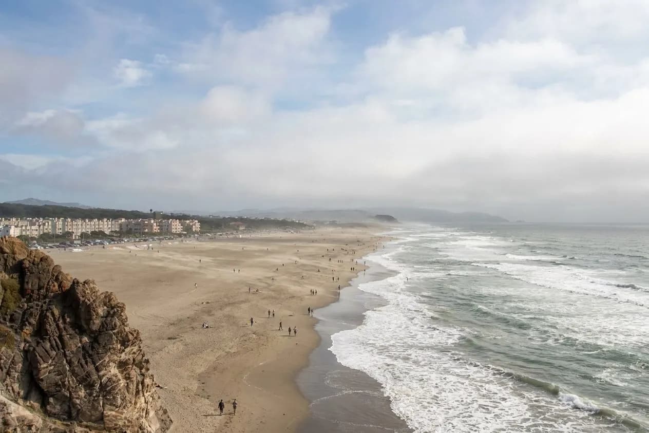 Windswept shoreline and surf at Ocean Beach in San Francisco