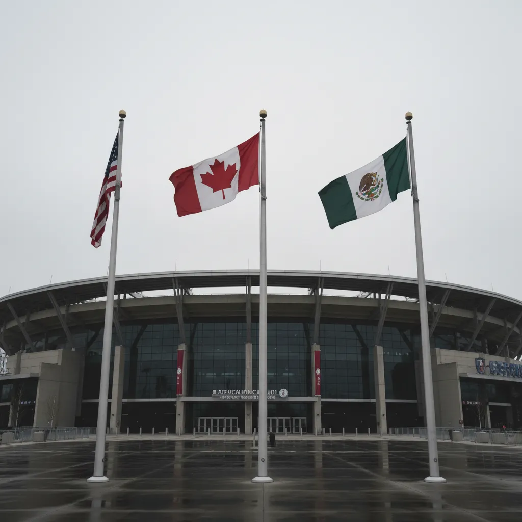 Three national flags hang at half-mast outside a World Cup stadium