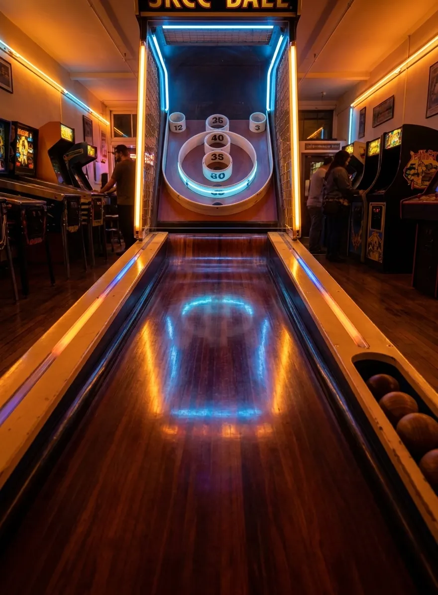 Close view of a classic Skee-Ball lane with wooden ramp and target rings illuminated by overhead arcade lighting