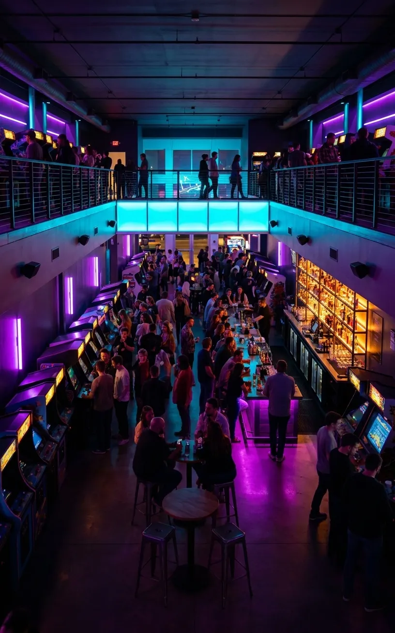 Wide view of a two-story arcade bar interior with game cabinets, high-top tables, and illuminated skybridge visible in the background