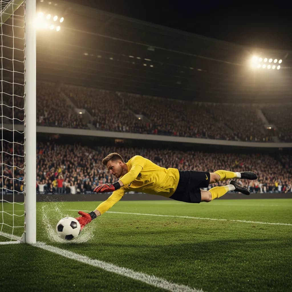 A goalkeeper makes a spectacular diving save in a packed World Cup stadium