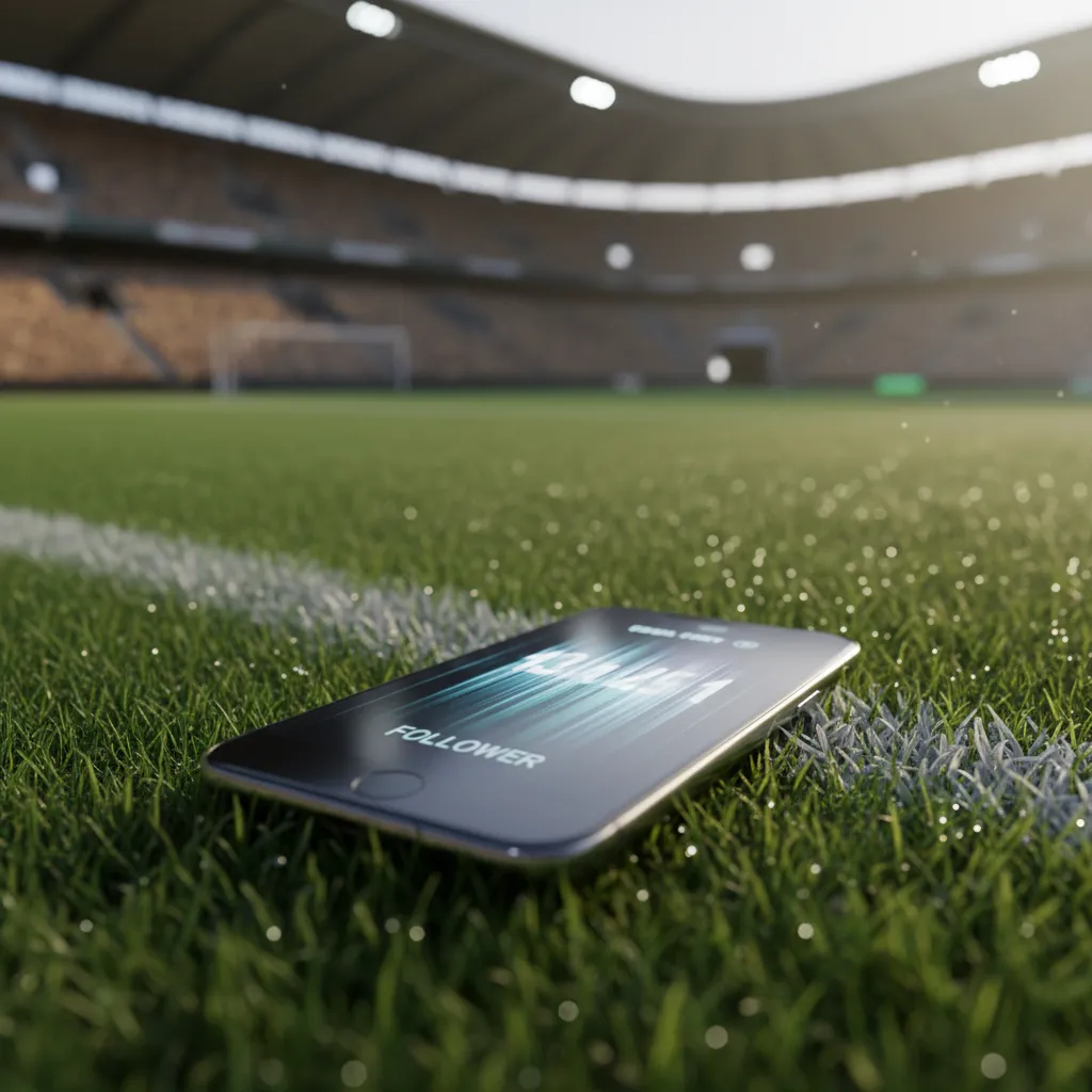 Smartphone on grass pitch showing rapidly scrolling follower notifications