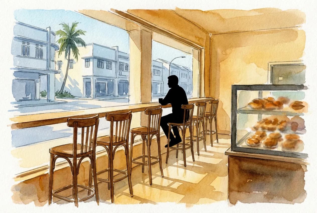 AI-generated watercolor: interior of a 1930s Singapore shophouse bakery, high counter stools lined against a wide jalousie window, warm morning light striping a mosaic tiled floor, a cappuccino and croissant on the bar ledge