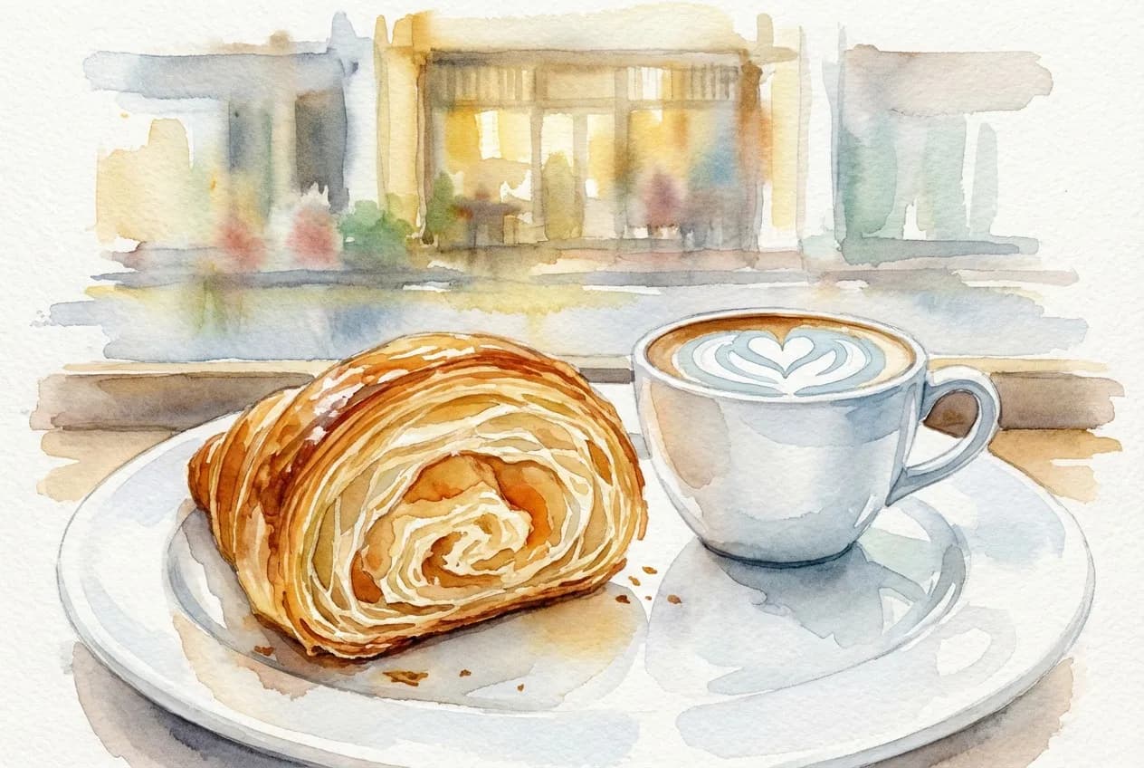 AI-generated watercolor: close-up still life of a golden laminated croissant on white ceramic and a flat white with latte art in a glass cup, morning light slanting through a tilted jalousie window, mosaic tile surface in terracotta and cream
