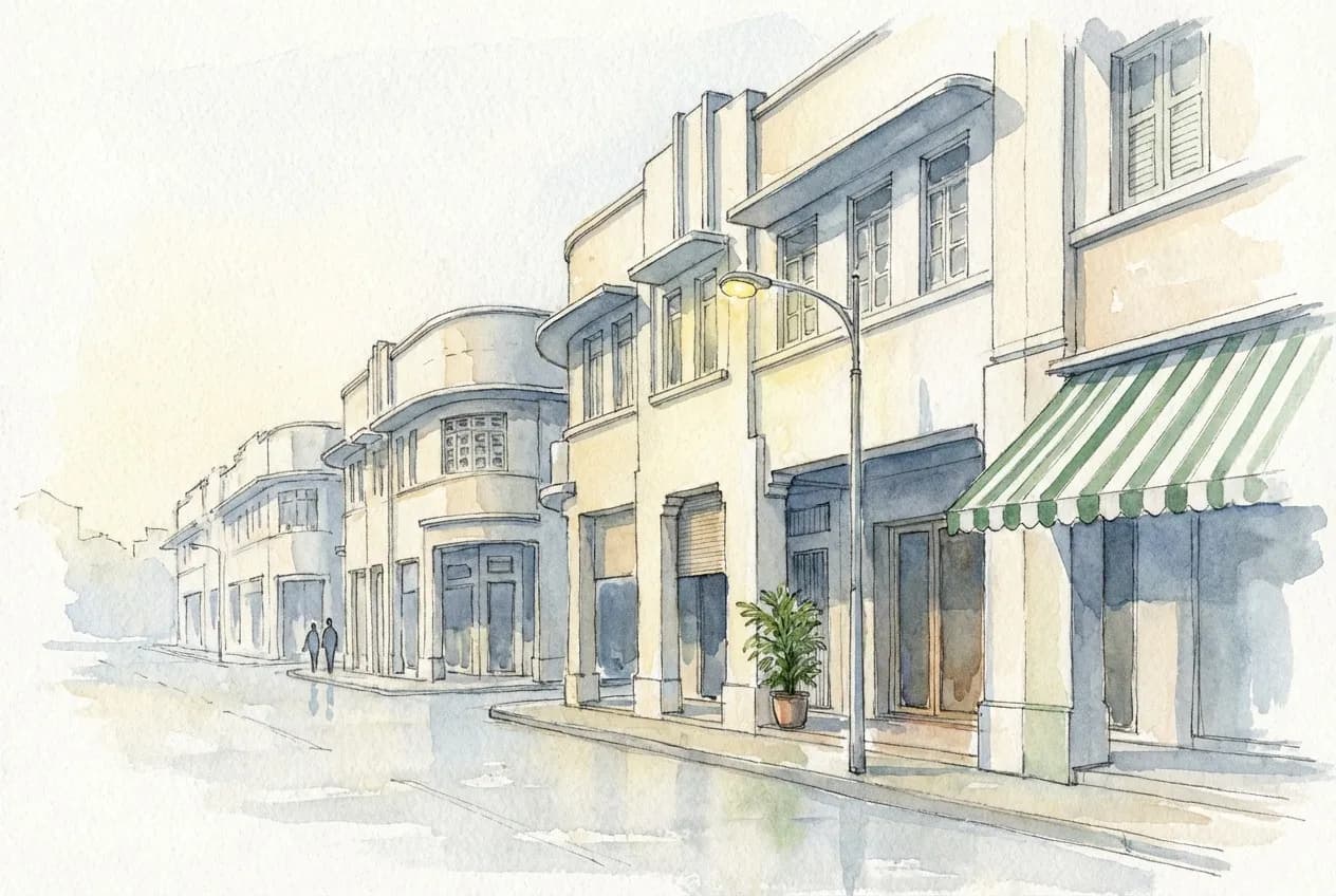AI-generated watercolor: exterior view of Tiong Bahru shophouse row on Eng Hoon Street at dawn, stepped Art Deco facades with green-and-white bakery awning in foreground, two silhouetted figures walking along the five-foot way, amber streetlight fading into morning blue