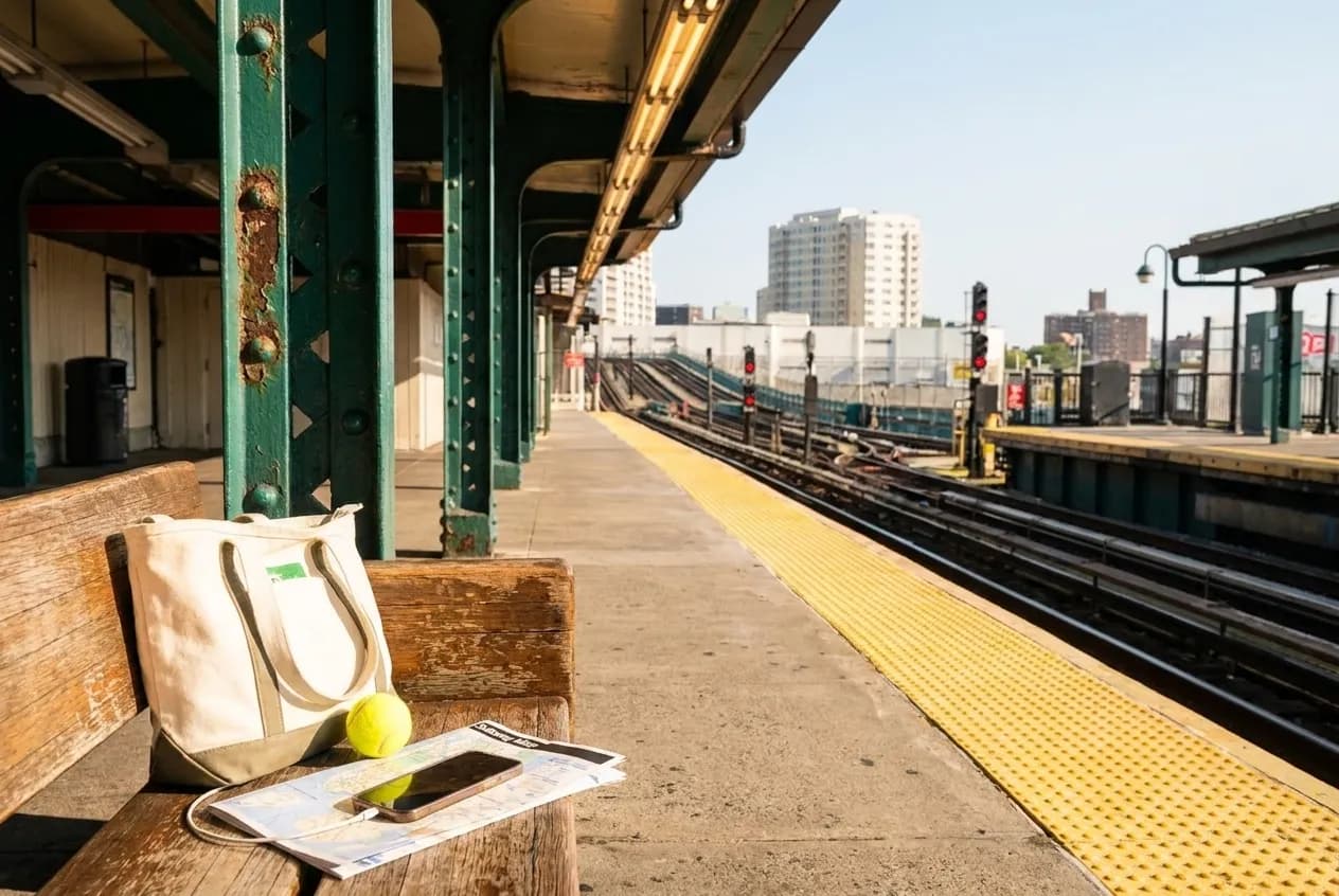 A bright Queens subway platform with a tennis tote, offline phone plan, and US Open travel essentials.