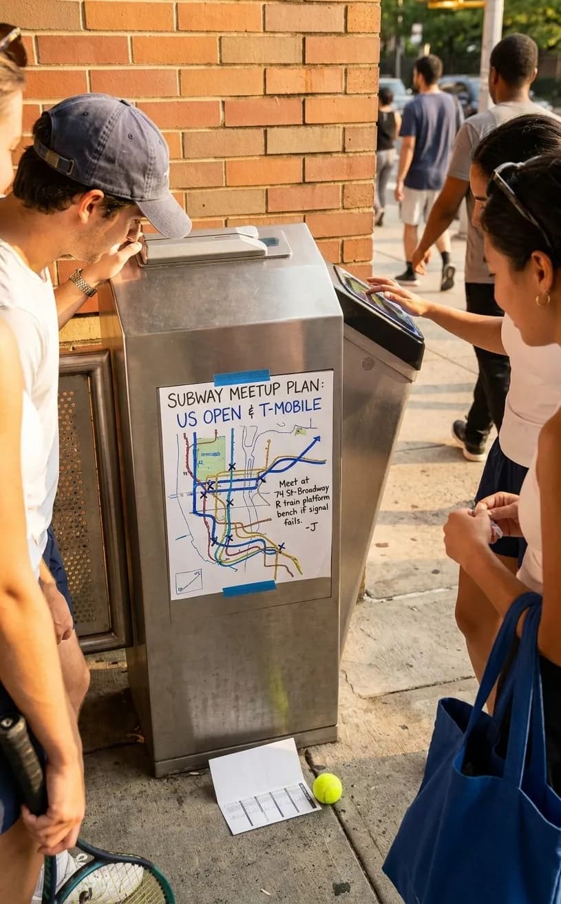A bright Queens subway meetup scene with subtle US Open tennis details.