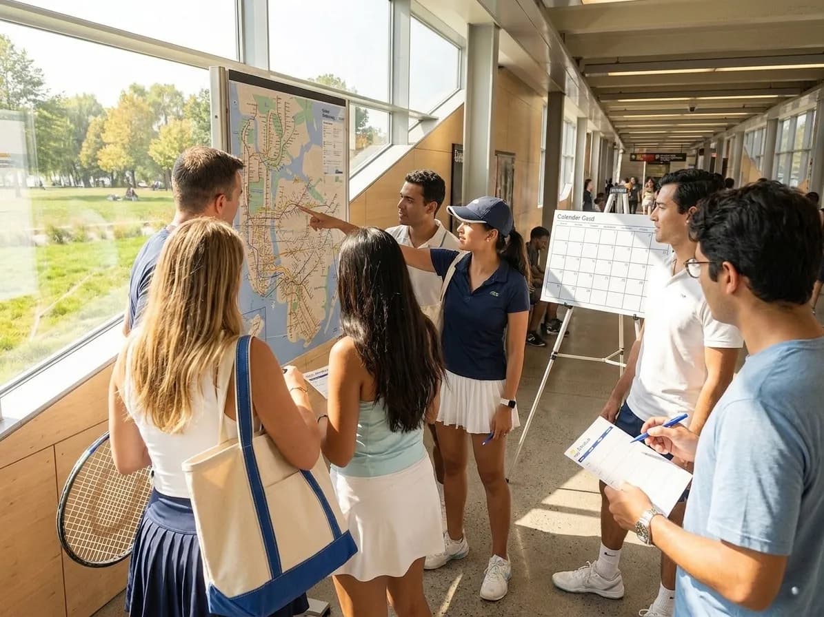 A bright Queens indoor planning scene for group meetups around US Open transit.