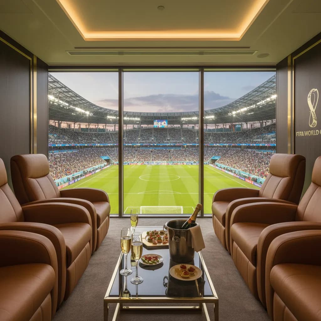 A luxury VIP stadium box with leather seats and champagne overlooking a soccer pitch