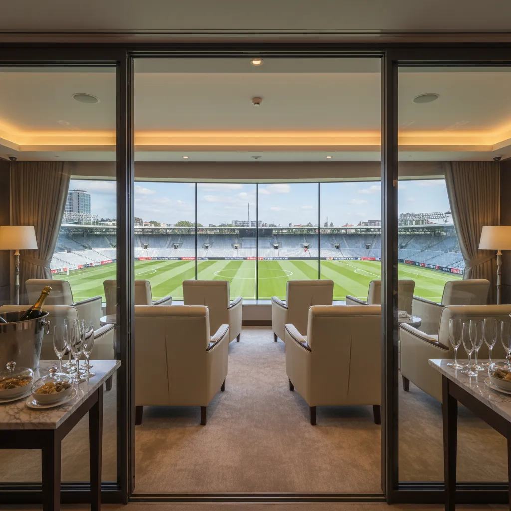 Empty VIP luxury box overlooking football pitch
