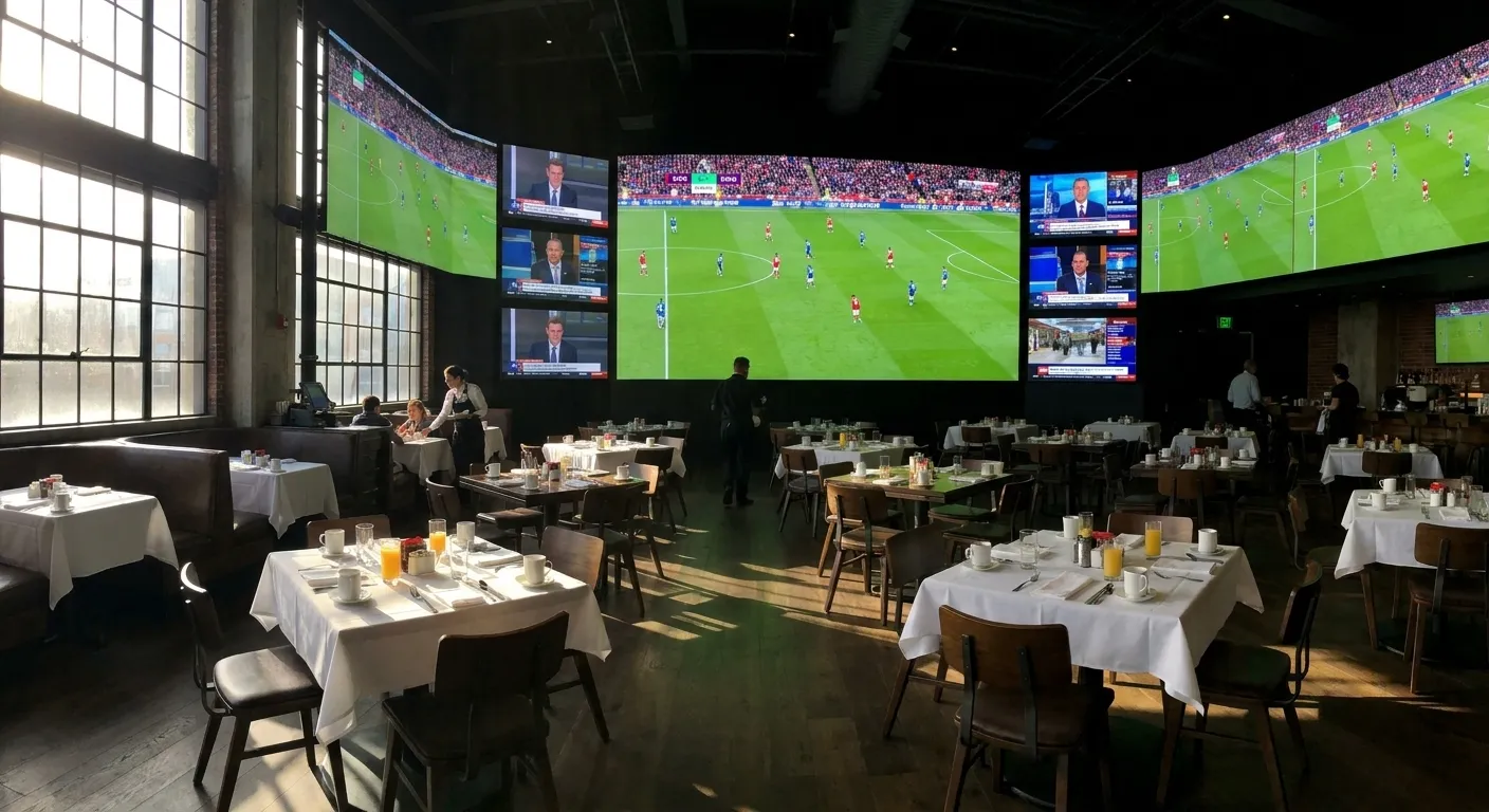 Wall-to-wall screens arranged in a 360-degree layout inside Tom's Watch Bar at LA Live, with the massive Megatron display dominating the main viewing floor
