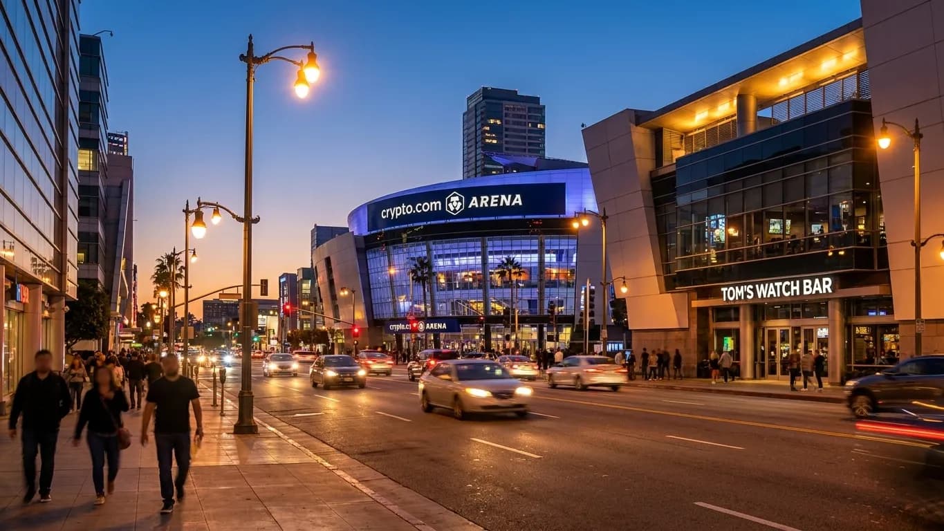 LA Live complex at night with illuminated signs and Figueroa Street traffic, showing Tom's Watch Bar's location near Crypto.com Arena