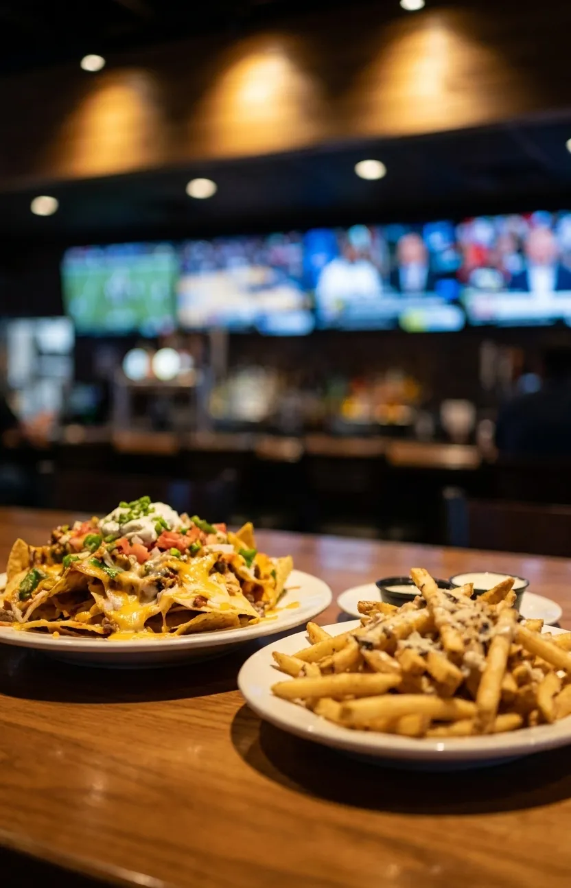 Shareable plates of nachos and truffle fries on a bar table with screens visible in background at Tom's Watch Bar