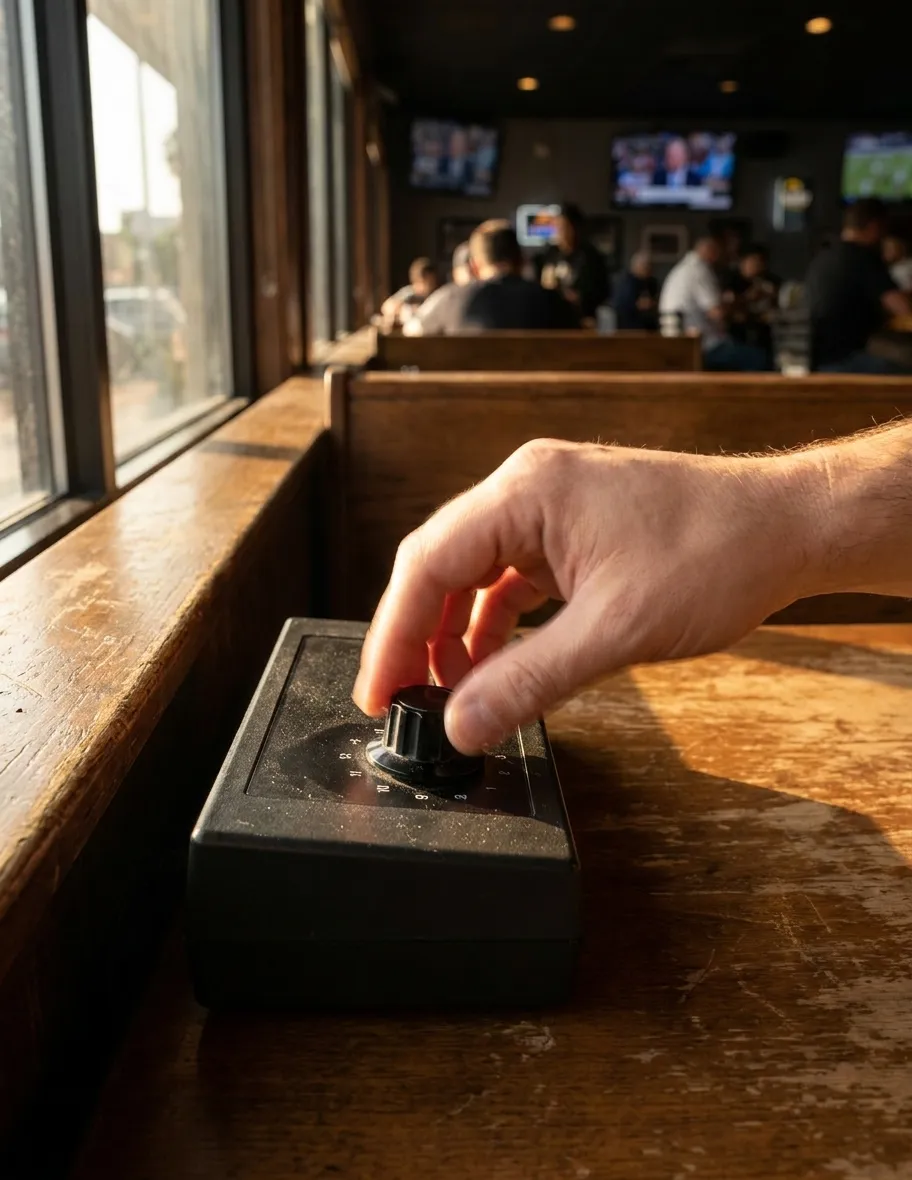 Table-side audio control dial with numbered game channels at a sports bar booth