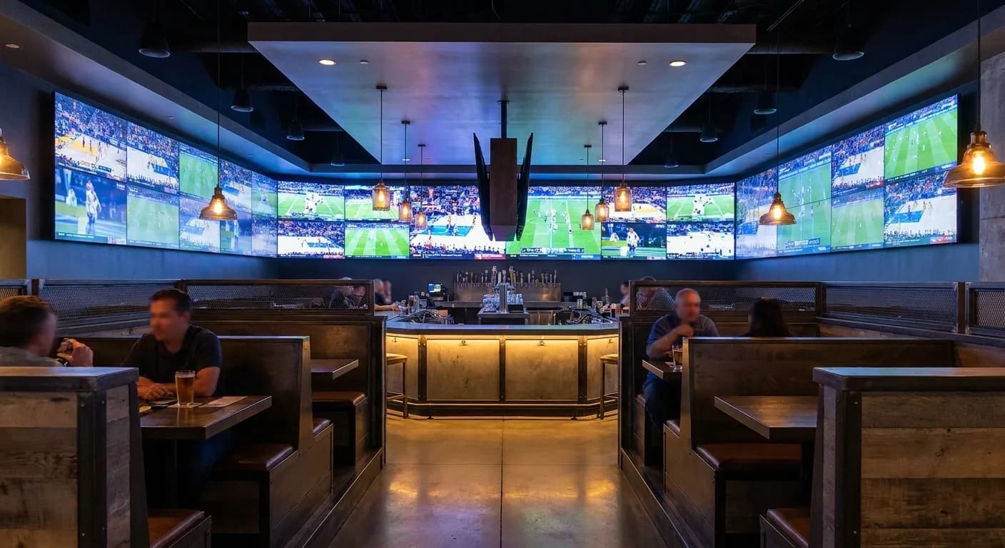 Wall-to-wall screens and central bar at Tom's Watch Bar in the LA Live complex, with booth seating angled toward multiple live game feeds