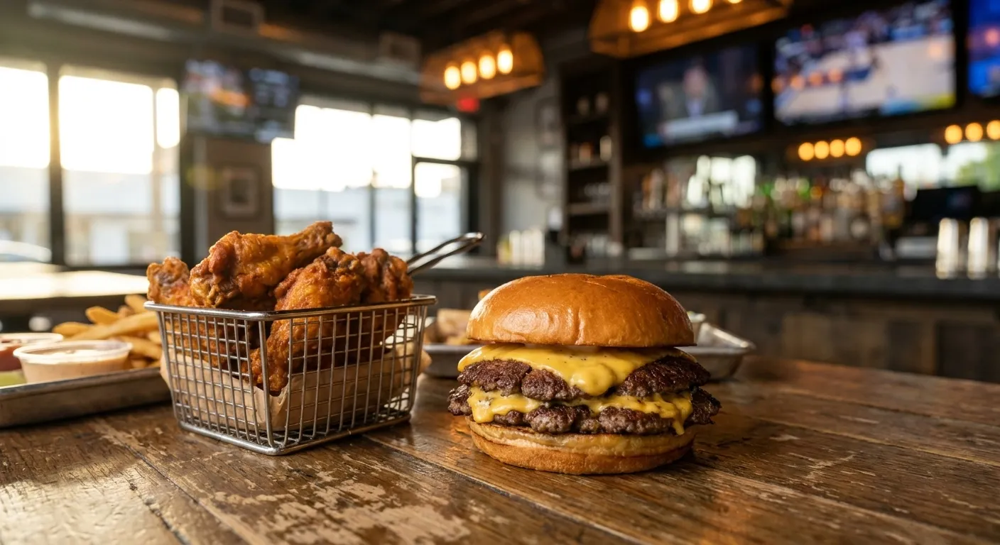 Double-patty smashburger with melted American cheese and a basket of tossed wings on a wood table at Tom's Watch Bar