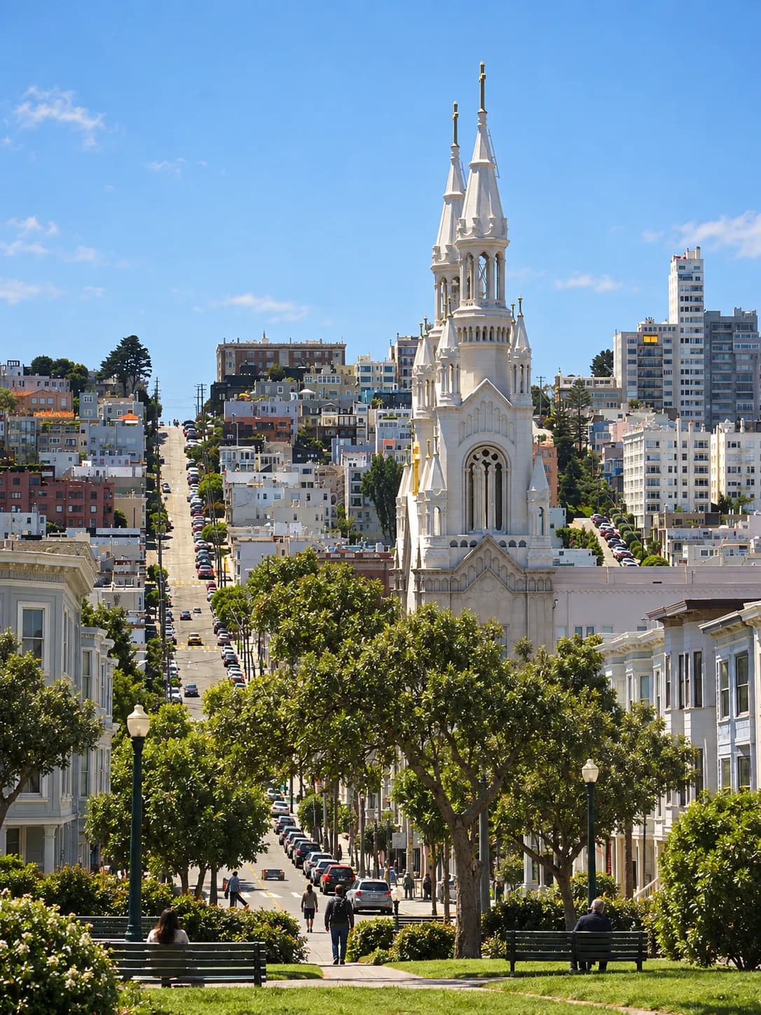 Neighbourhood square with a twin-spired church closing the view, a green park with benches and mature trees, and three-storey buildings lining the street
