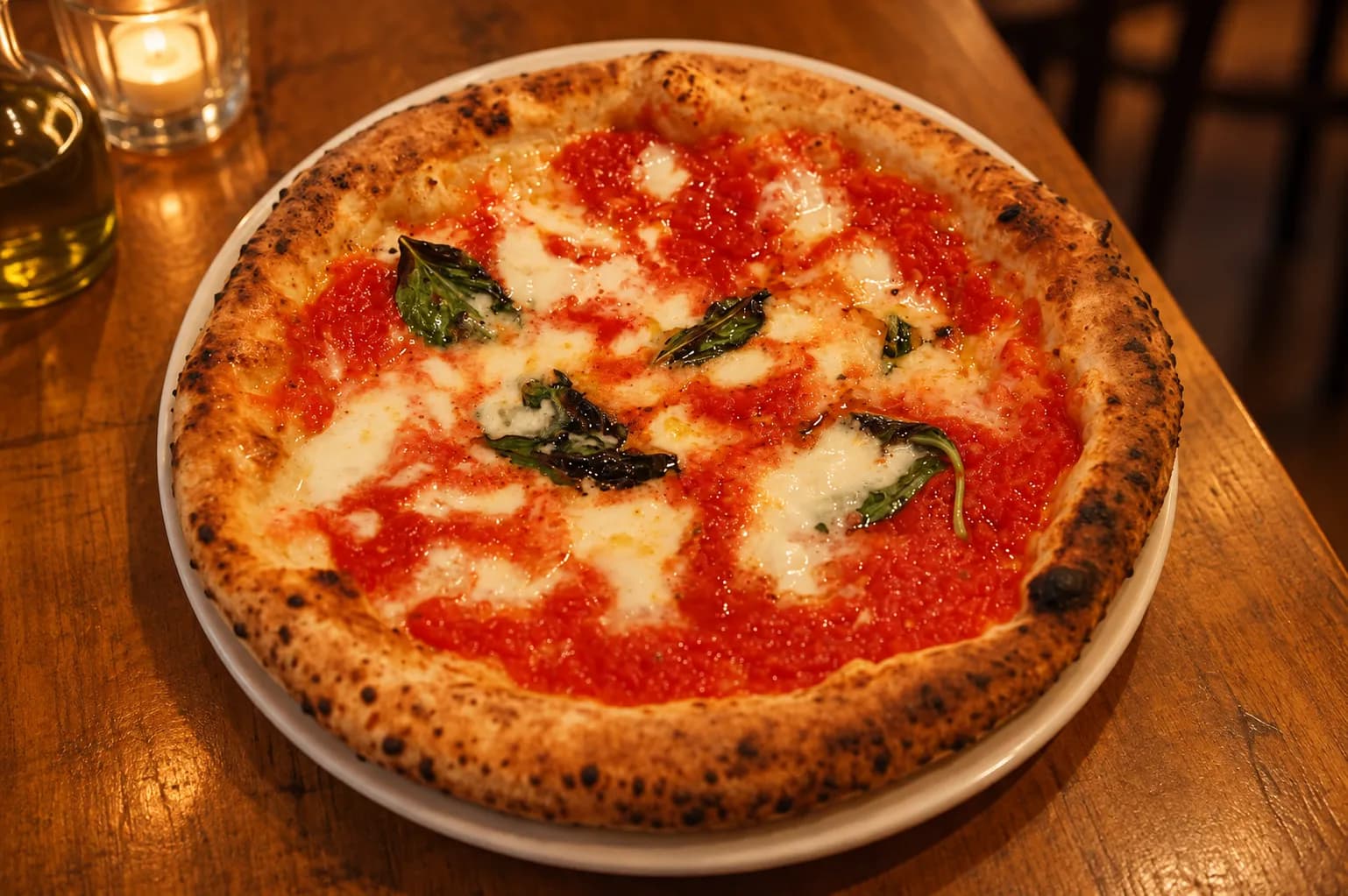 Neapolitan margherita straight from a wood oven with a puffed leopard-spotted cornicione and a soupy centre of torn mozzarella and basil