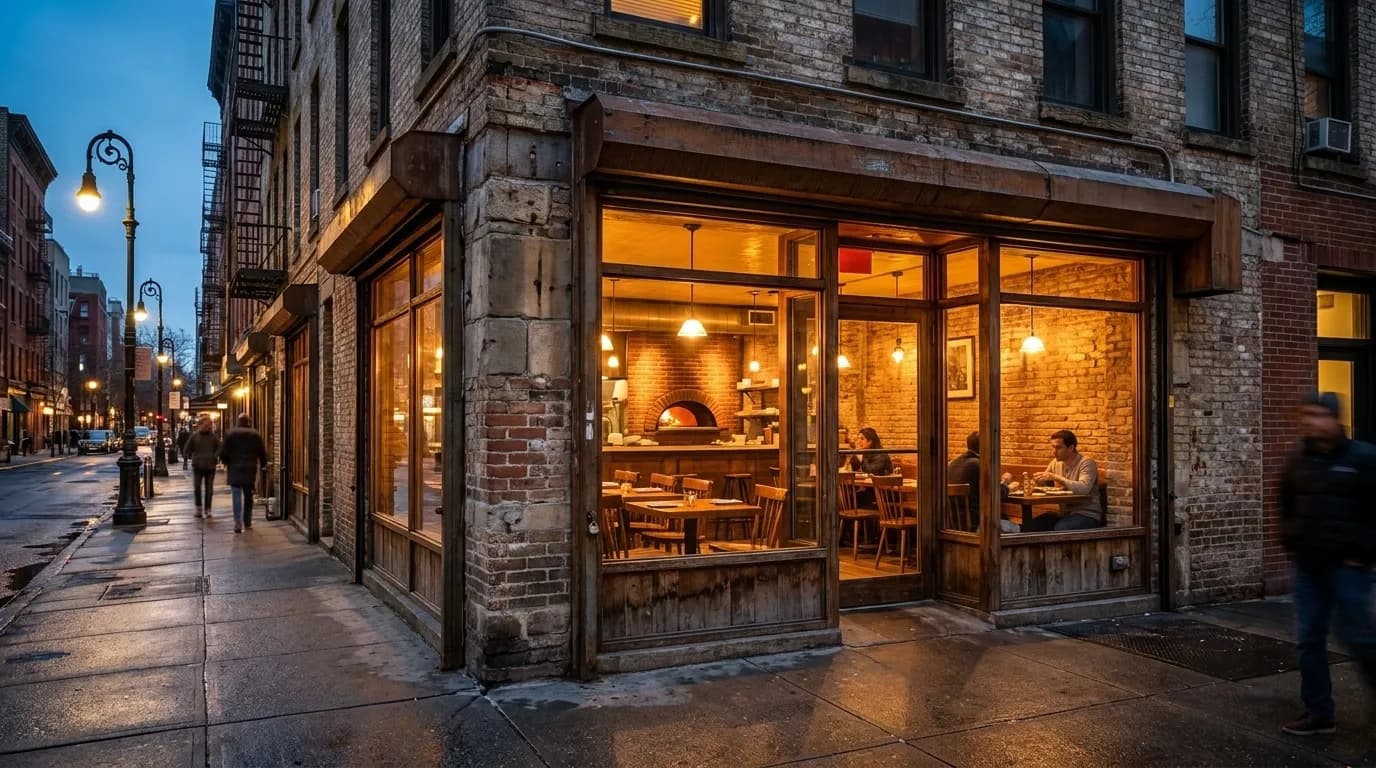 Evening exterior of Lucali pizzeria in Brooklyn with glowing storefront windows