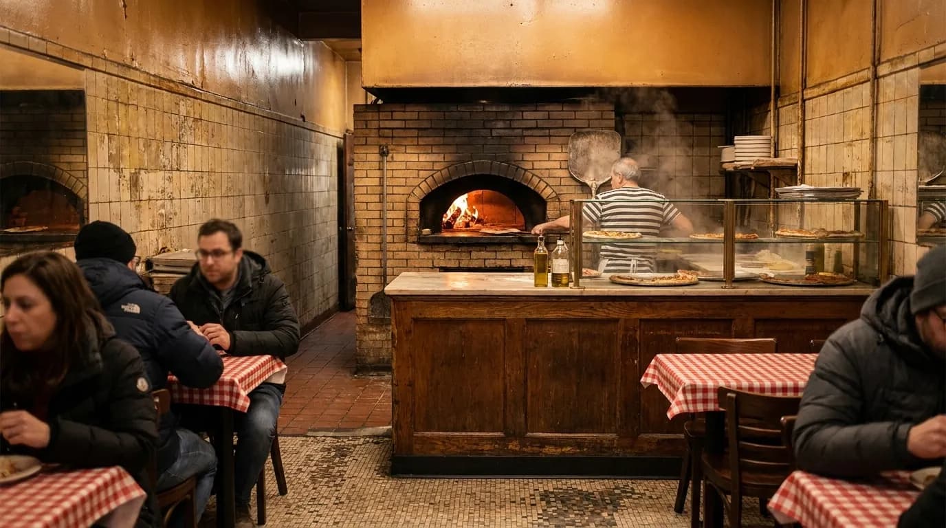 Historic coal oven interior at classic New York pizzeria