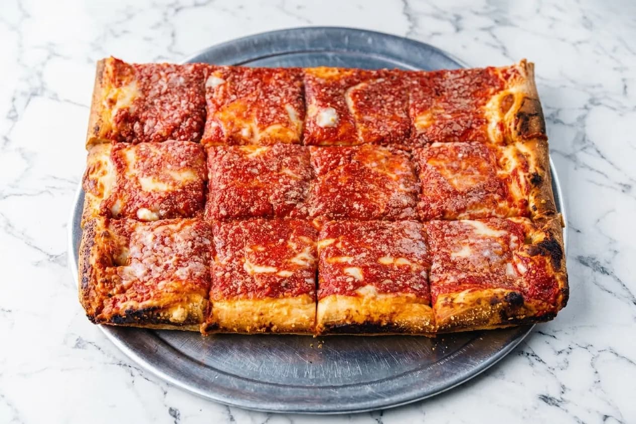 Tray of Sicilian square pizza slices with sauce baked over the cheese on a steel pizza tray