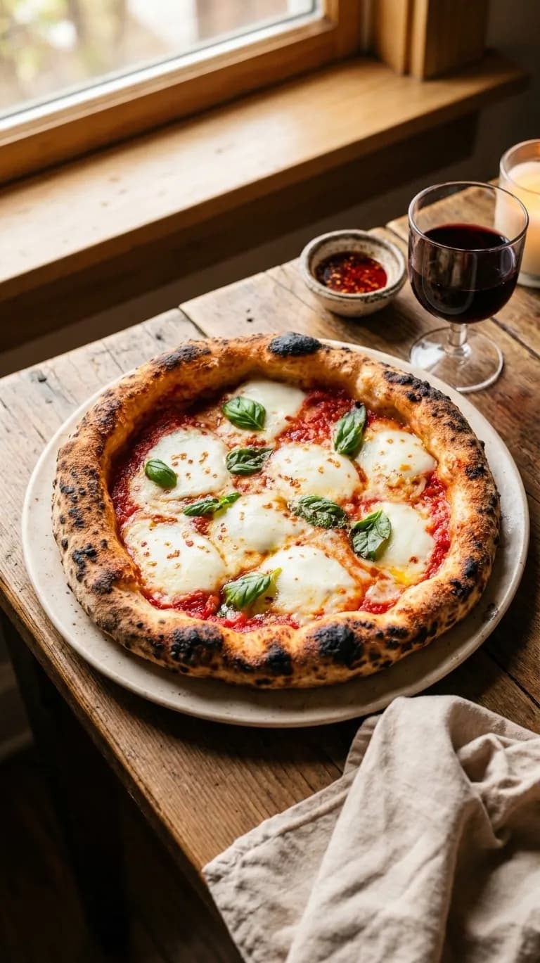 Coal-oven margherita pizza with charred crust and basil beside a glass of red wine on a rustic wooden table