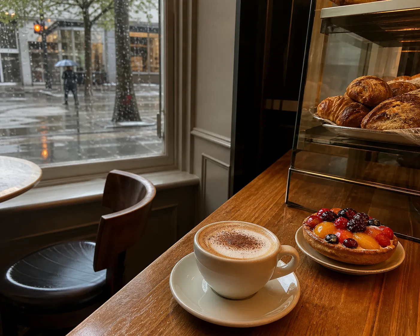 Coffee counter with cappuccino and fruit tart beside pastry cases in a small café interior
