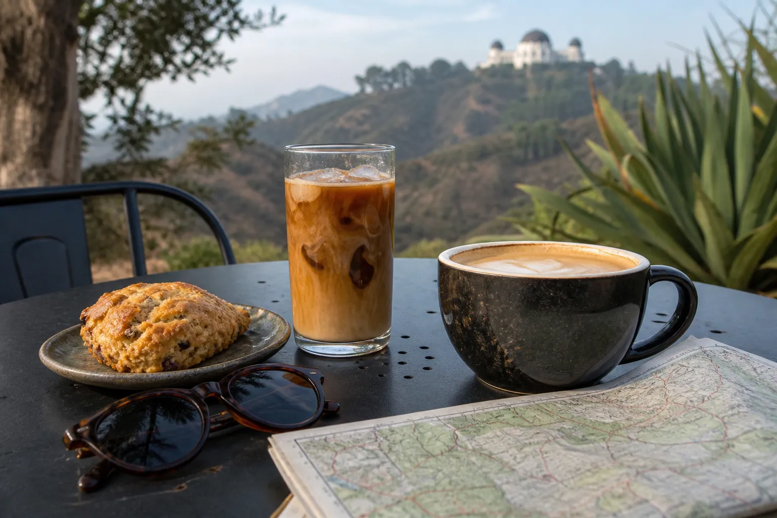 Coffee and pastry on an outdoor table after a morning hike.