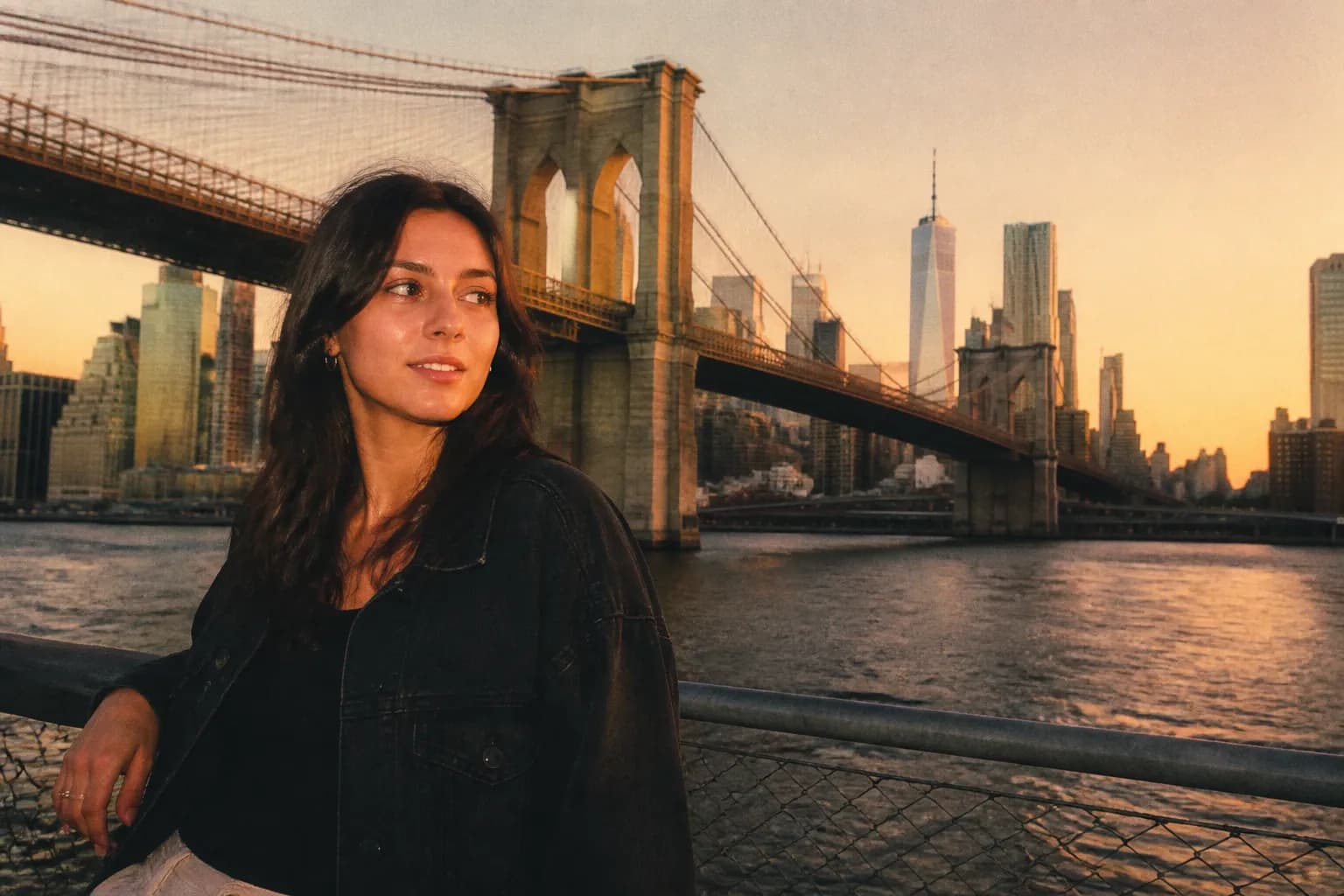 An iconic bridge and city skyline glowing at golden hour