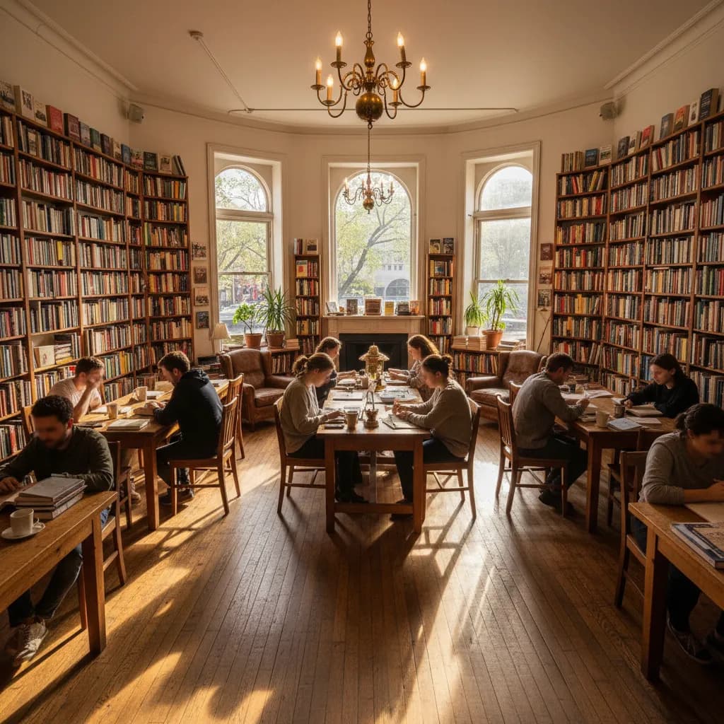 Editorial-style realistic scene inspired by Topos Bookstore in New York.